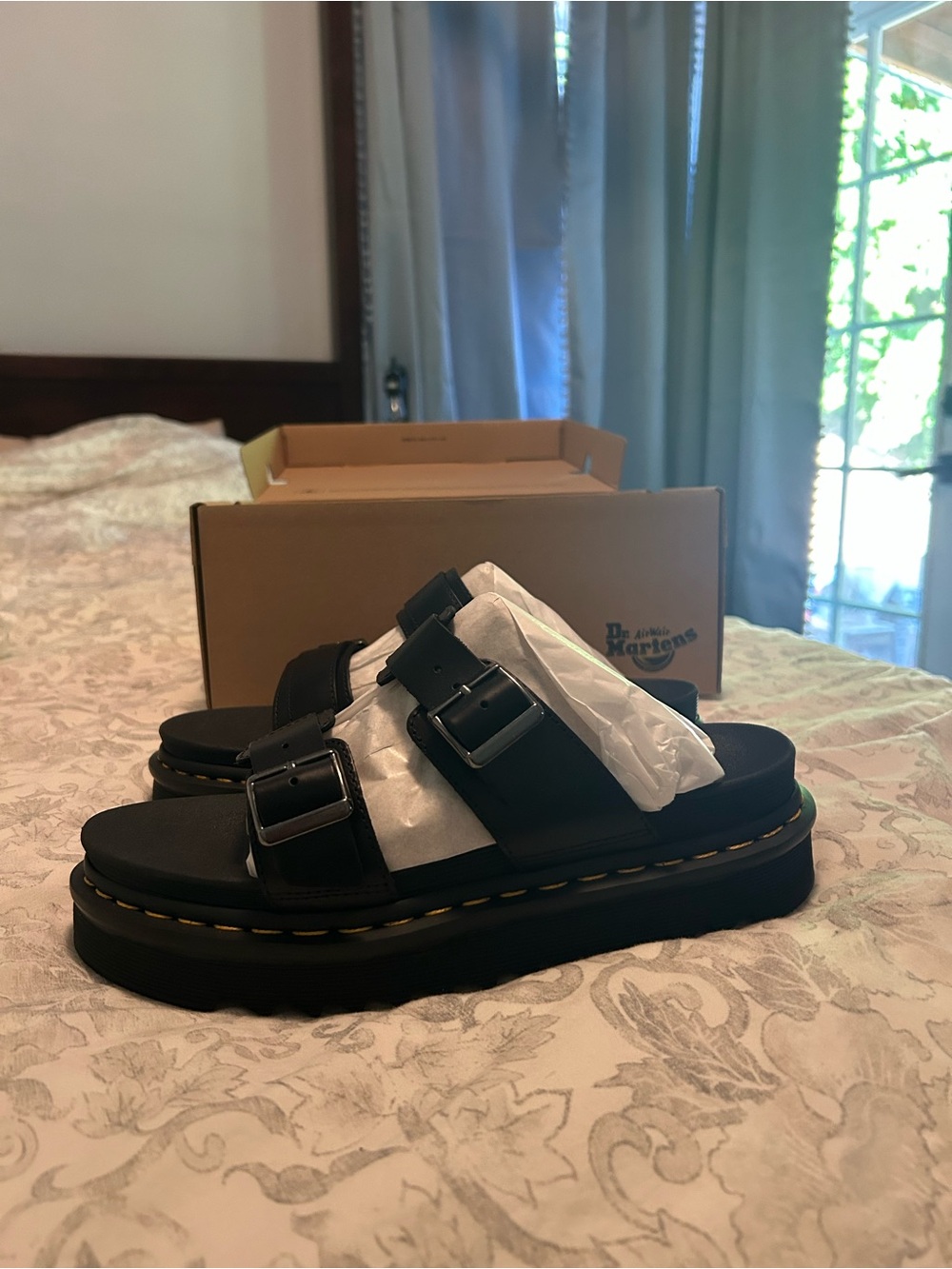 Dr. Martens MYLES Black Double-Buckle Sandals with Yellow Stitch